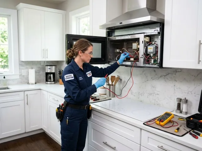 Appliance Repair Hero technician testing an over-the-range microwave in a Bee Branch, AR kitchen